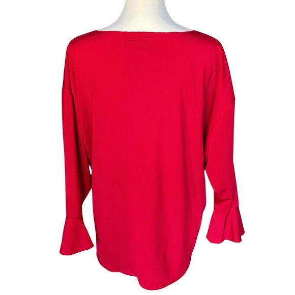 Vintage 90s 3X Red Silky Satin Flowy Ruched Bow Top with V Neck Flared Sleeves - Picture 2 of 10